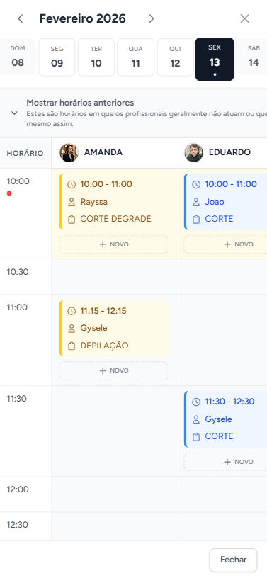 Visão semanal da agenda online do Belflow para salão de beleza
