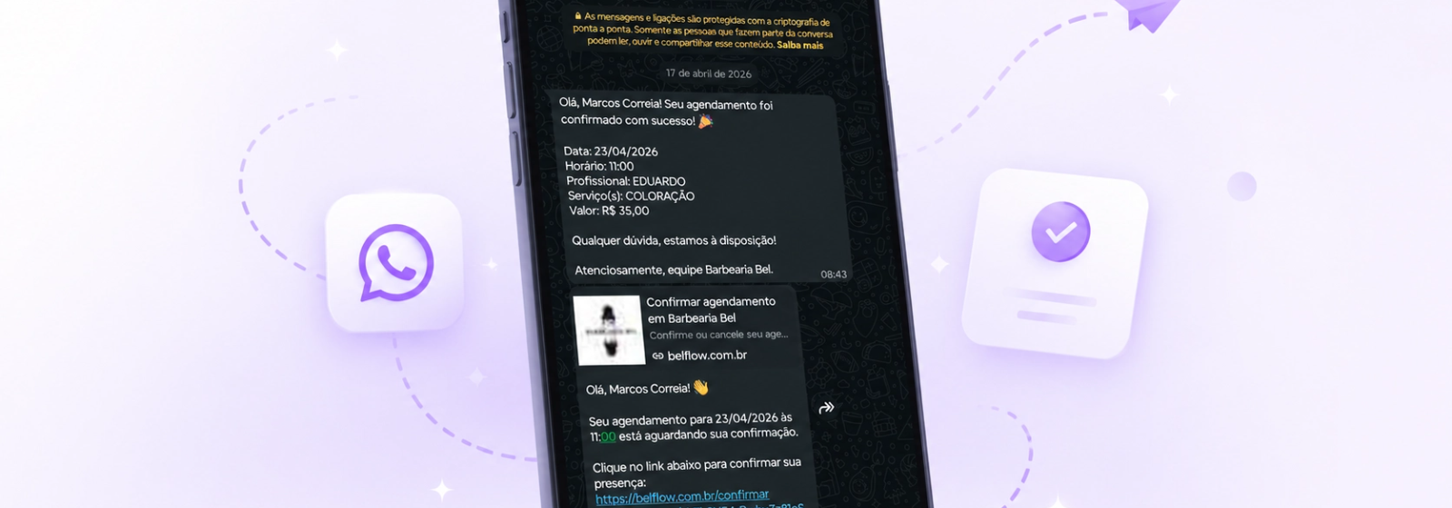 Confirmação de agendamento pelo WhatsApp no Belflow
